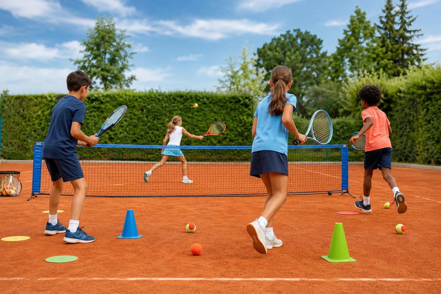 Kinder beim Training mit Mini-Netz und farbigen Bällen